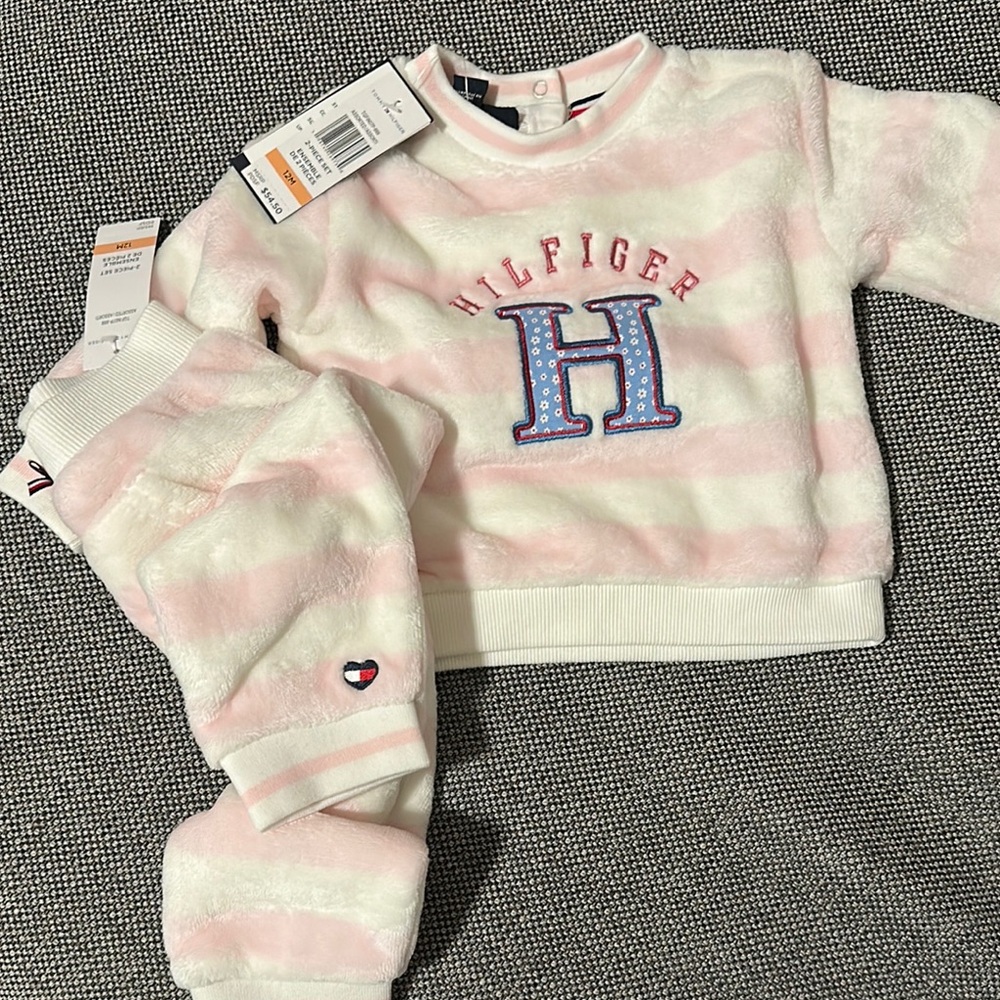 Tommy Hilfiger Pink & White Striped Plush Baby Sweatshirt Set